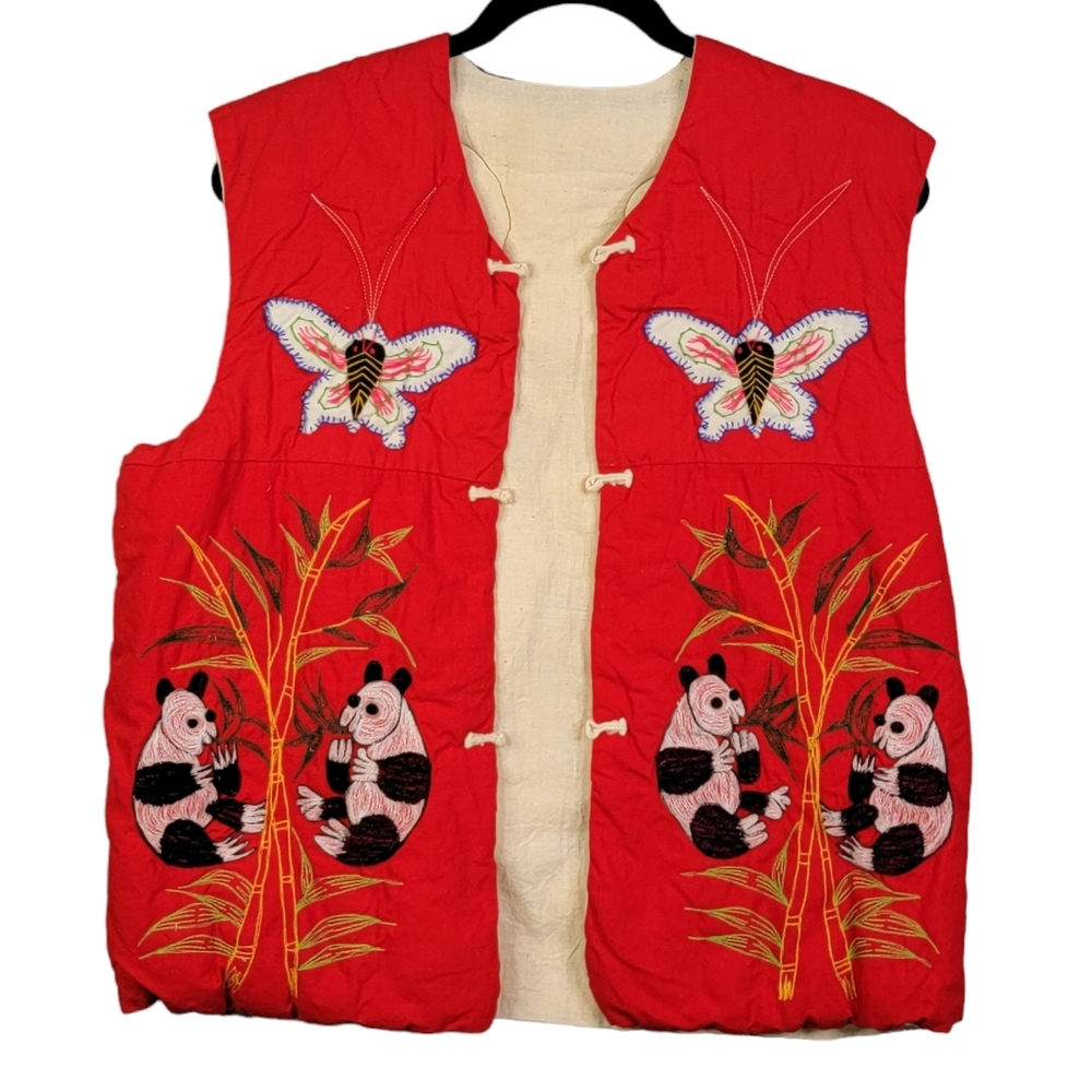 Embroidered Asain Vintage 80's Panda Butterfly Frog Motif Quilted Vest Unsized - Picture 2 of 16